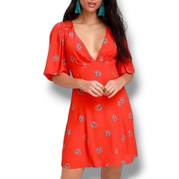 Free People Mockingbird Orange Red Floral Puff Sleeve Mini Dress Size 2 - Picture 6 of 6